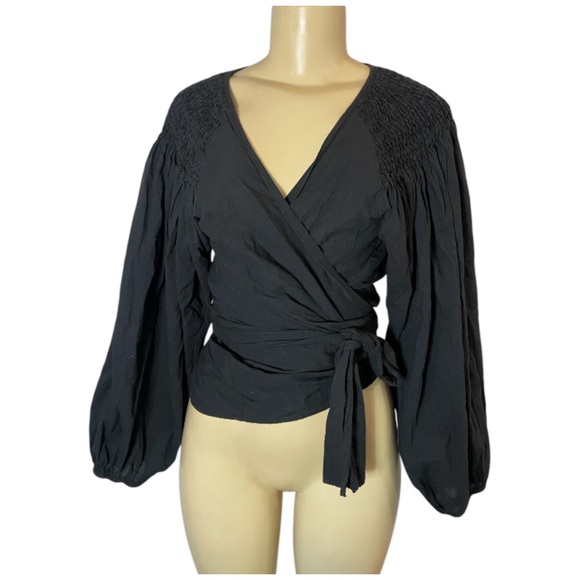 Merlette Tops - Merlette Sant Josep Black Wrap Blouse Embroidered Cotton Smocked Size Medium